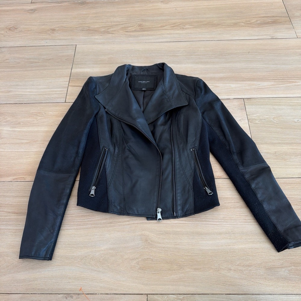 Marc New York Andrew‎ Marc Womens Black Leather Moto Jacket Knit Trim Small